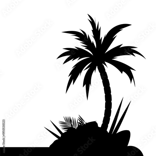 Black silhouette of a tropical palm tree standing on a small island with surrounding foliage, isolated on white background.