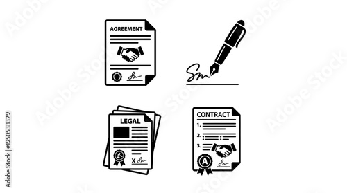 Collection of legal document icons depicting agreements, contracts, and signatures