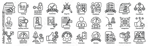 Quality assurance icon set including compliance, monitoring, validation, efficiency, workflow, process, system, metrics, checklist and reliability