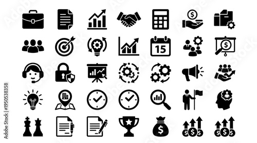 Collection of business and finance icons depicting various concepts and activities