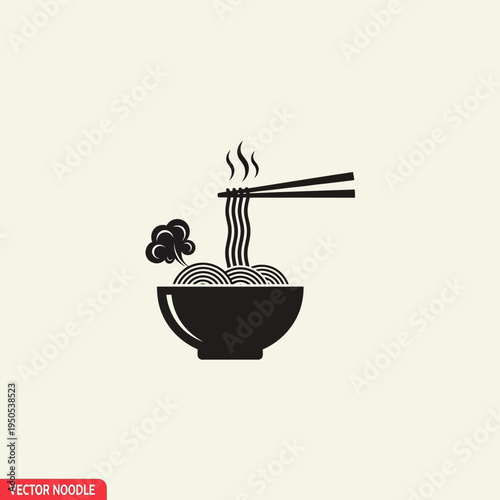 A steaming bowl of noodles being lifted with chopsticks, depicted in a minimalist black and white vector graphic.