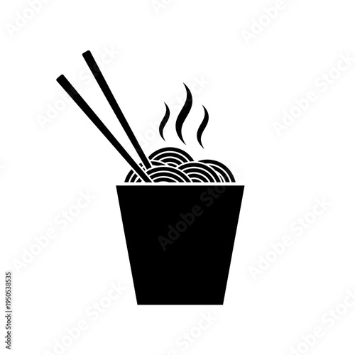 A black and white illustration of a cup of steaming noodles with chopsticks resting on top, symbolizing a quick and convenient meal.