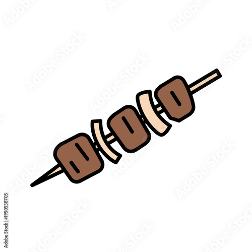 A simple, stylized illustration of a meat skewer with three pieces of meat and two pieces of onion on a wooden stick.