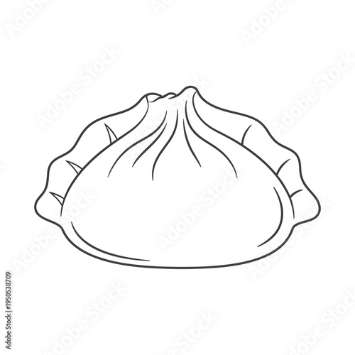 A simple, clean line drawing of a single, plump steamed bun, also known as a baozi, with its characteristic pleated top and ruffled edges.
