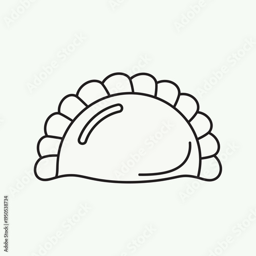 A simple black and white line drawing of a single empanada, a baked or fried turnover with a savory filling.