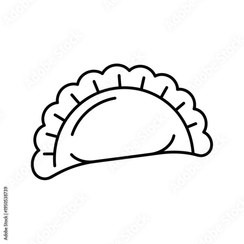 A simple black and white line drawing of a single, crescent-shaped dumpling with a crimped edge.