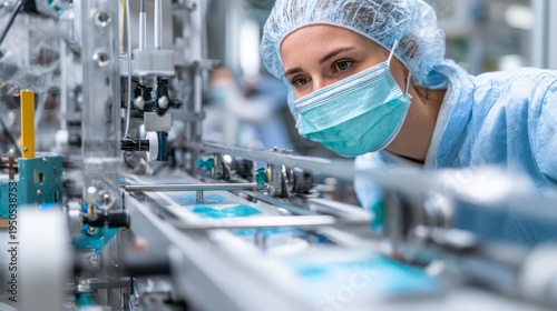Factory worker inspecting automated production line for sterile medical bandages and protective masks made from non-woven materials in modern healthcare manufacturing facility