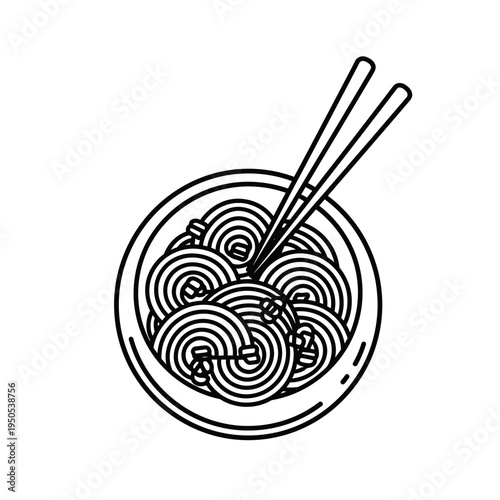 A simple black and white line drawing of a bowl of noodles with chopsticks, presented from a top-down perspective.