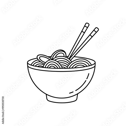 A simple black and white line drawing of a bowl of noodles with chopsticks resting on top, presented on a white background.