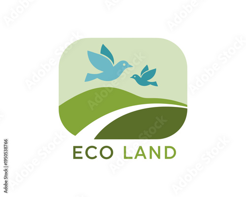 Eco-Friendly Birds in Flight Over Green Landscape - Nature Illustration