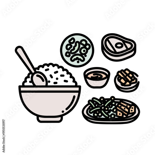 A collection of delicious food items including rice, steak, vegetables, and sauces, presented in a visually appealing arrangement.