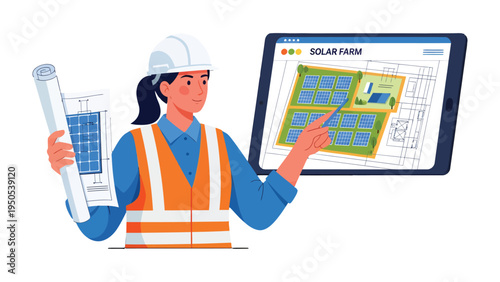Sustainable Design: An engineer showcases renewable energy design, demonstrating an architectural blueprint and a digital model of a solar farm.