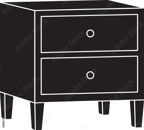 Simple black and white illustration of a twodrawer nightstand with legs