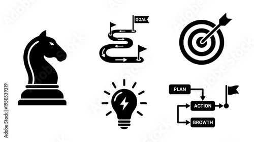 A strategic planning concept featuring a chess knight, goal pathway, target, and growth diagram