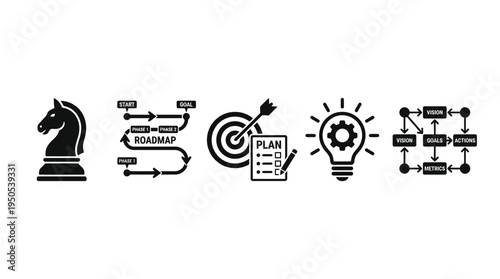 Abstract representation of strategic planning with icons of chess, roadmap, target, light bulb, and flowchart