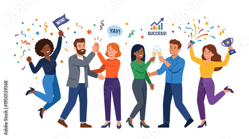 A diverse group of people celebrating success with cheers, confetti, and festive decorations