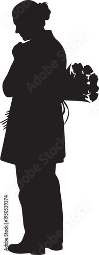 Woman holding bouquet of flowers vector silhouette illustration with elegant line art