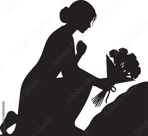Woman kneeling placing flowers on grave vector silhouette illustration depicting line art