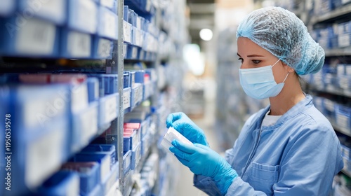 Healthcare worker in mask and gloves organizing medical supplies in a sterile storage room, ensuring safety and hygiene in hospital logistics and inventory management