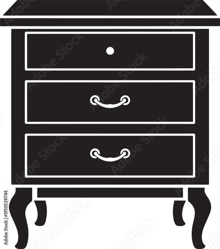 Simple black and white illustration of a three drawer nightstand furniture