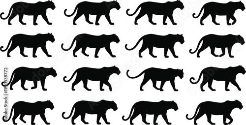 Black Panther Silhouette Collection Set, Wild Big Cat Predator Animal Isolated Flat Vector Illustration Design