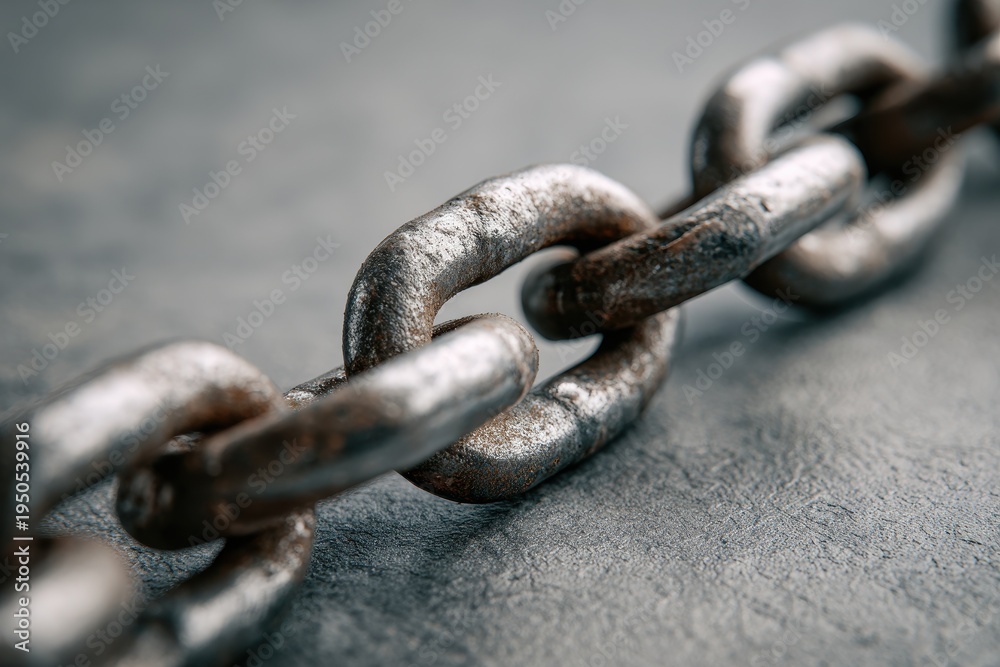 Fototapeta premium Industrial, moody close-up of diagonal chain links illustrating a distributed ledger concept