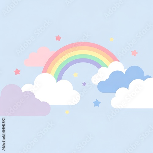 Colorful rainbow arching over fluffy clouds and twinkling stars in a serene pastel sky, evoking a sense of joy and wonder ai, rainbow, clouds, stars, sky, pastel, colorful, joyful, serene, whimsical, 