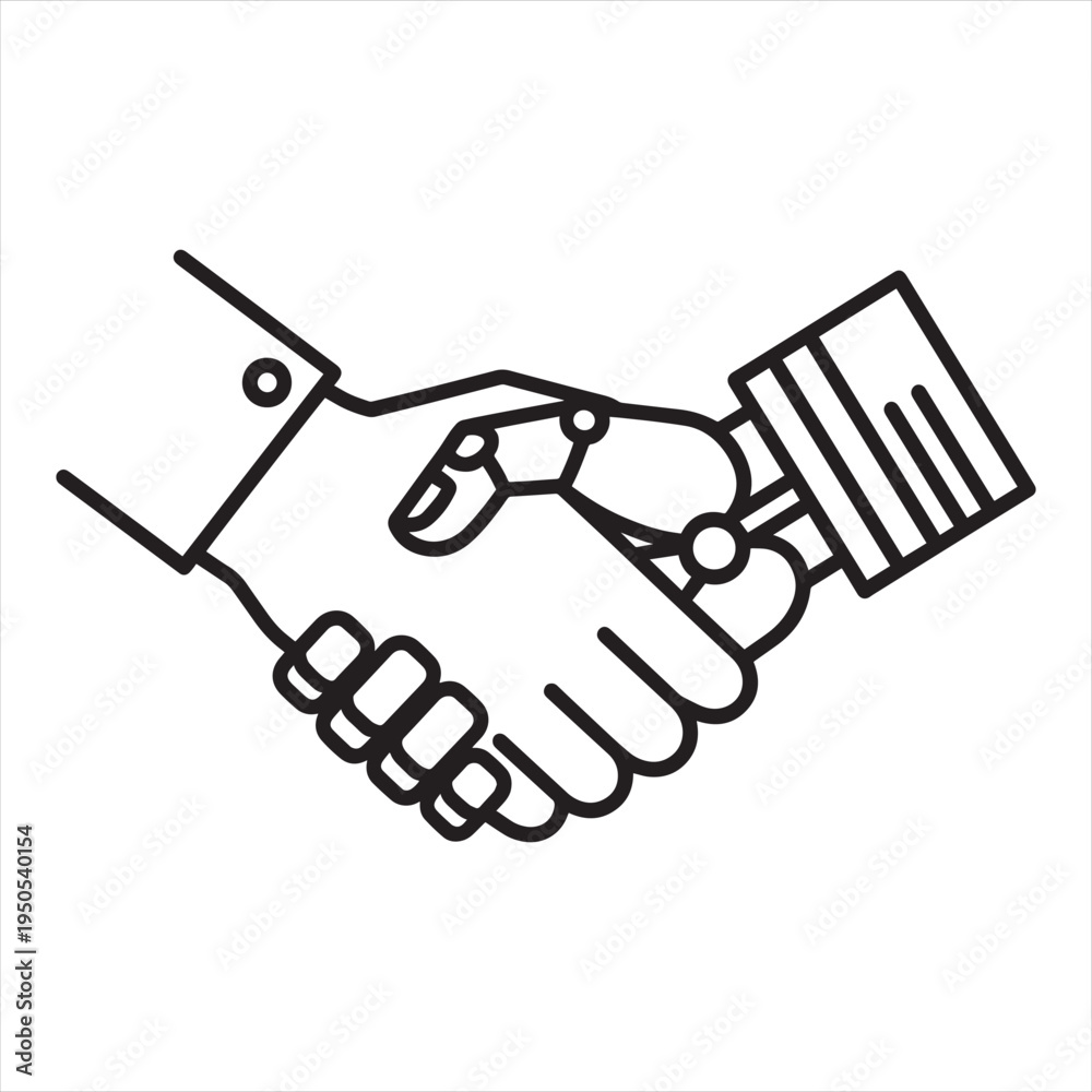Fototapeta premium Human and Robot Handshake Vector Icon - AI Partnership, Technology Collaboration, and Future Business Deal Outline Illustration