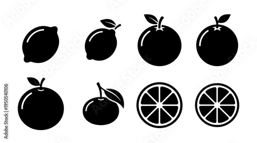 Collection of various citrus fruit silhouettes including lemons, oranges, and tangerines
