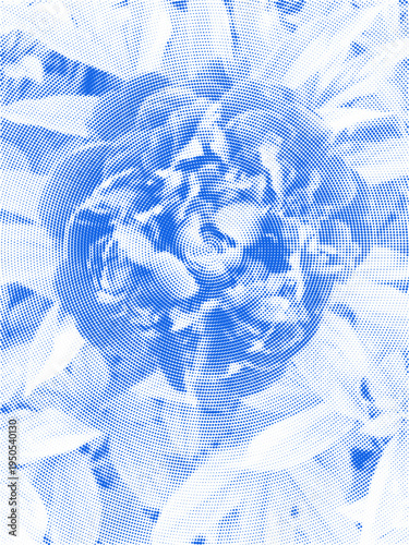 Vintage Halftone Peony Flower. Blue Cyanotype Style Dithered Botanical Bloom collage scrapbook element. Vector Illustration.