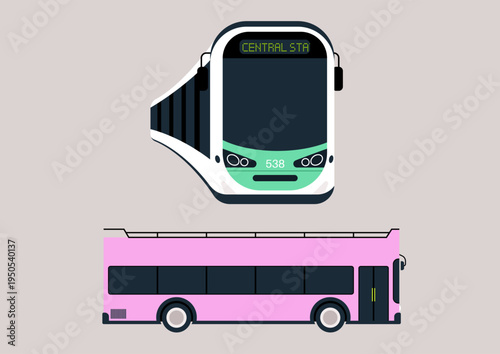A modern train and a striking pink bus represent the essence of urban transportation, They are designed for daily commuters navigating the bustling city landscape with ease and style.