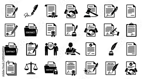 Collection of legal documents and symbols representing contracts and agreements in a professional setting