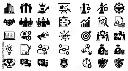 Business team collaborating on strategy with charts and graphs in a modern office setting