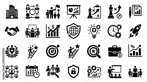 Business teamwork and strategy icons depicting meetings, goals, and growth in a corporate setting