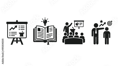 Business training session with presentation board, open book, audience, and goal setting discussion