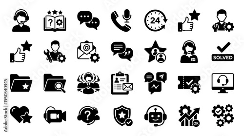 Collection of customer service icons depicting support, communication, and problem-solving tools