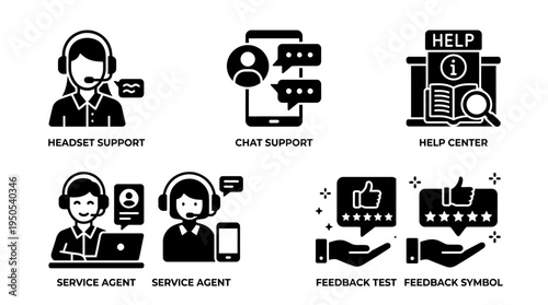 Various customer support icons illustrating headset support, chat support, and feedback mechanisms