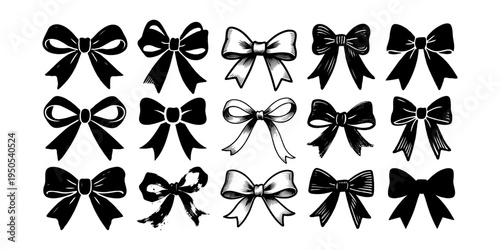 Set of hand-drawn black ribbon bows in sketch style, arranged on white background. Concept of decoration, fashion, elegance and gifting