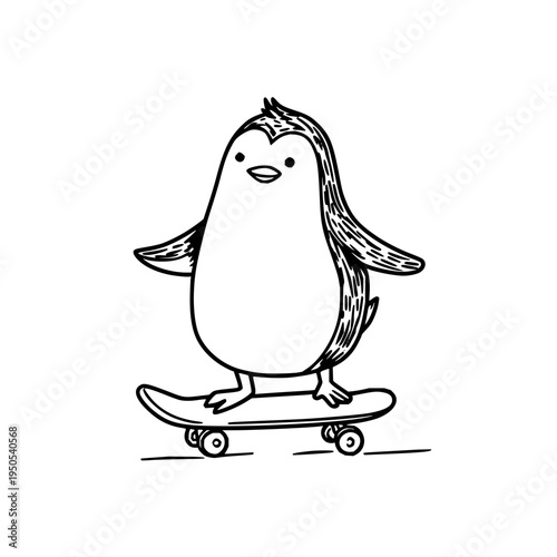 A cute cartoon penguin wearing a mohawk rides a skateboard with a happy expression on a plain white background