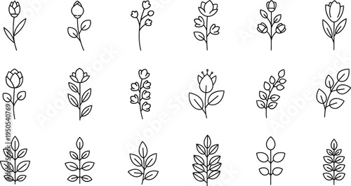 A collection of eighteen minimalist black and white line art icons representing various delicate botanical floral elements and simple leafy sprigs