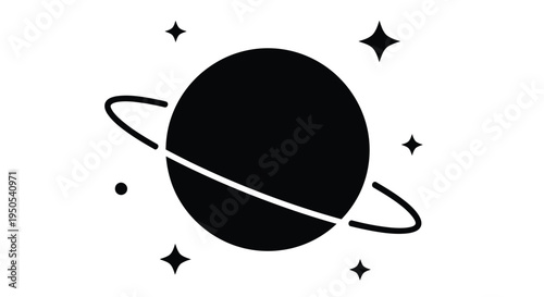 Simple black silhouette of saturn with rings and surrounding stars on white