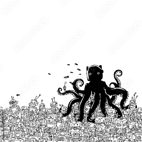 Black cat octopus monster standing on cityscape with buildings and flying debris urban fantasy illustration