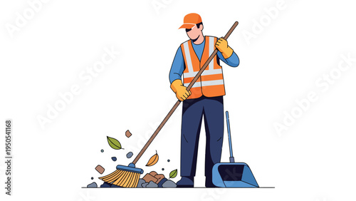 Clean Sweep: A sanitation worker meticulously clears debris with a broom and dustpan, embodying dedication to cleanliness.