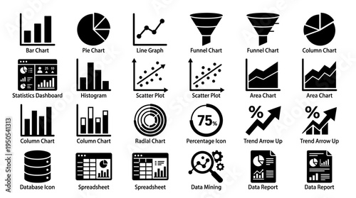 Collection of various data visualization icons including charts and graphs for analytics use