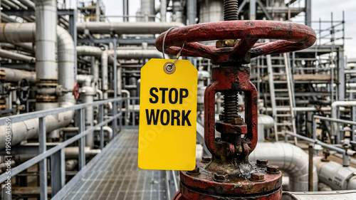 Wallpaper Mural Yellow tag stop work industrial valve red valve handle metal pipe industrial plant factory equipment metal railing industrial safety work safety industrial machinery pipe system metal structure Torontodigital.ca