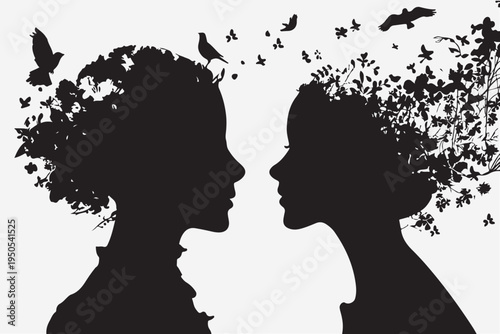 Black vector silhouette of two beautiful women in romantic pose looking each other in a modern and simple illustration style.