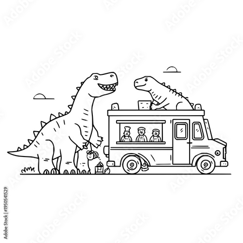 Dinosaurs enjoying a meal from a food truck on a sunny day with friends inside
