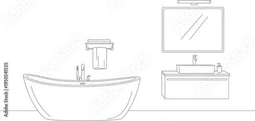 A minimalist line art illustration captures the essence of a modern bathroom, showcasing a sleek freestanding bathtub, a stylish vanity with a sink, and a practical mirror setup.