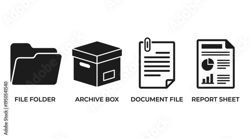 Collection of office storage items including file folder, archive box, document file, and report sheet