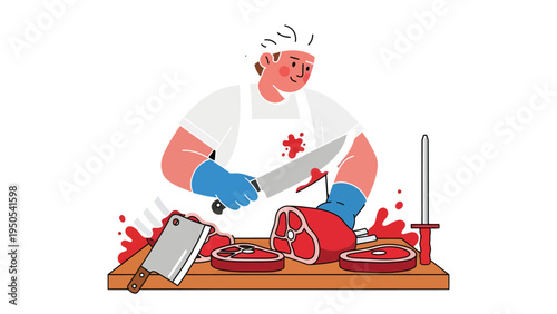 Artisan Butcher: A skilled butcher meticulously prepares cuts of fresh meat on a wooden surface, readying them with expertise for display or preparation.